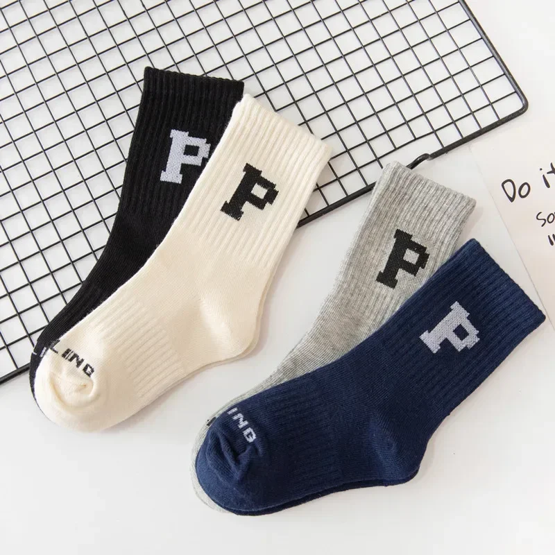 Korean Fashion Letter Leggings Socks Japanese for Children Knit Cotton Middle Tube School Boys Girls Casual Sports Stockings