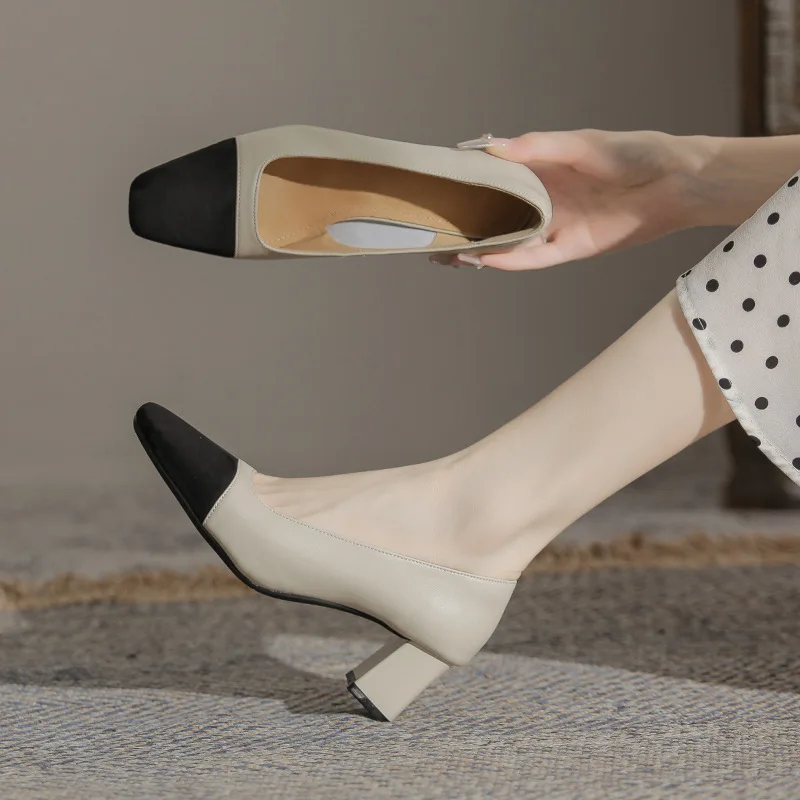 Genuine leather cowhide color blocked small fragrant style coarse single order shoes for women  shallow mouth French high heels