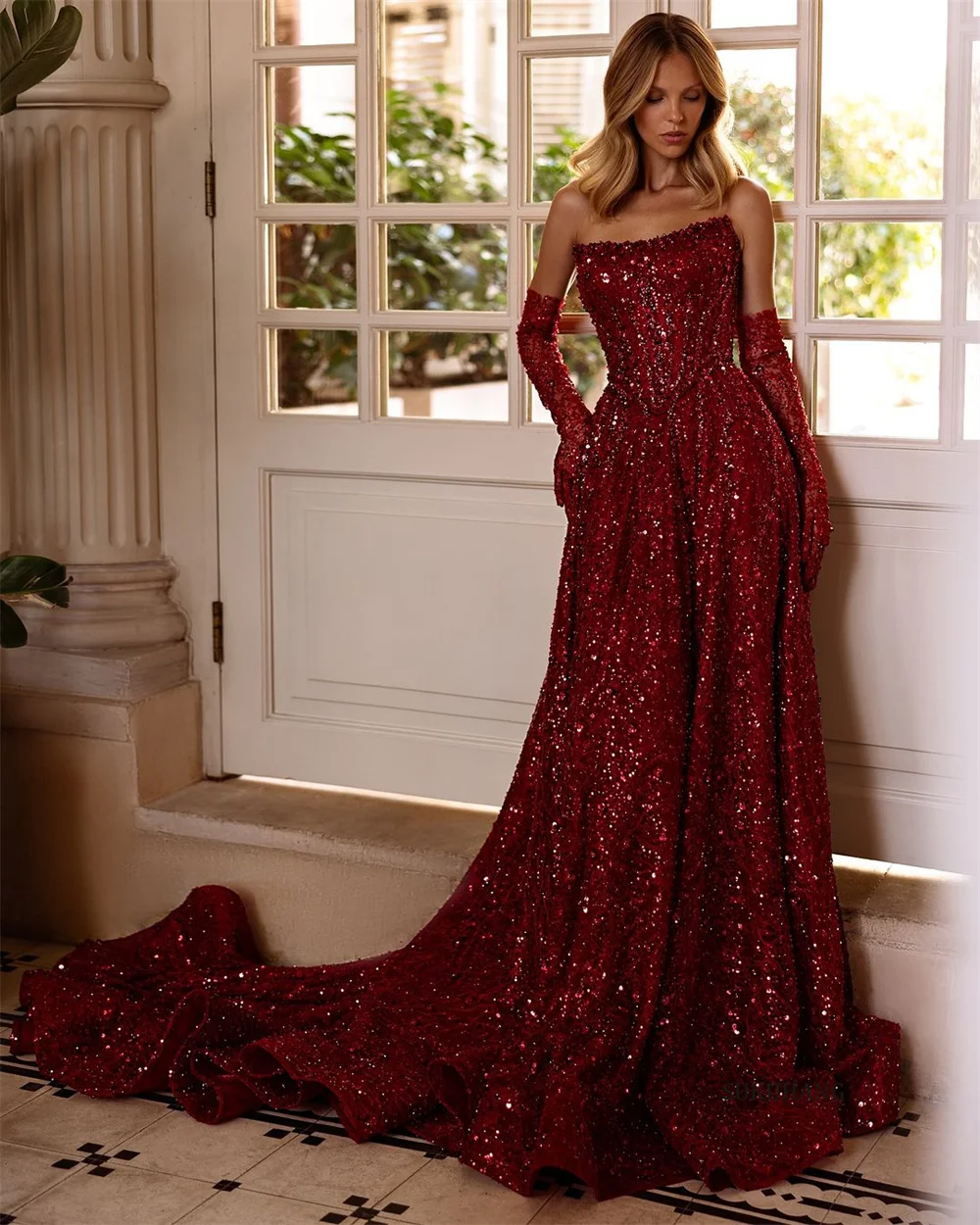SUKUHANG رائجة البيع فساتين السهرة الحمراء قطار المحكمة ألف خط مطرز فساتين حفلة موسيقية دبي الفاخرة حسب الطلب #2