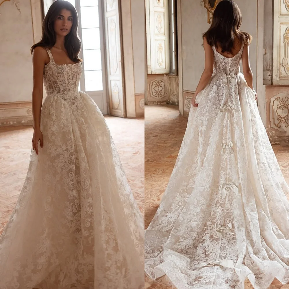 

Customized Exquisite Ivory Lace Evening Dress High Quality Square Collar Spaghetti Straps Sleeveless Lace Up Back Cocktail Dress