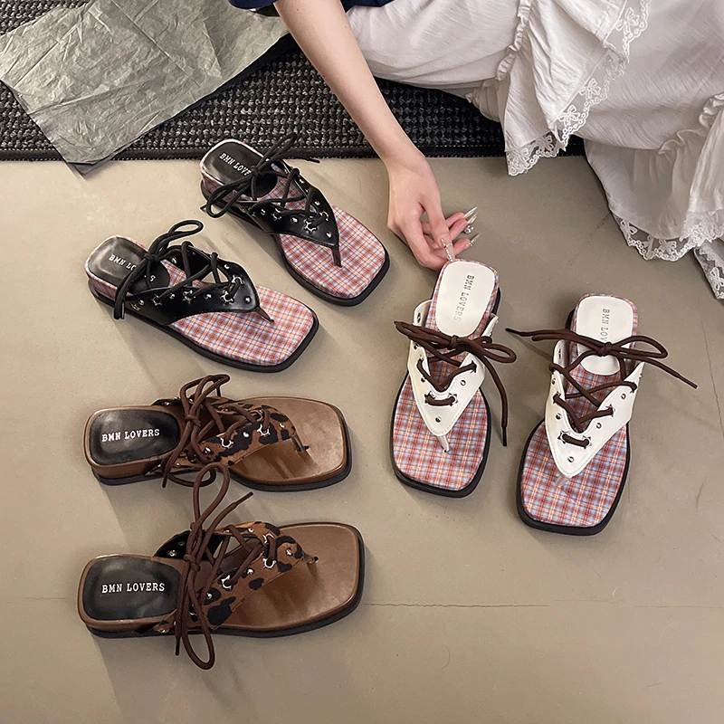 

Women's Leopard Print Flip Flops Lace-Up Square Toe Thong Sandals Casual Summer Beach Slippers Ladies Fashion Open Toe Slides