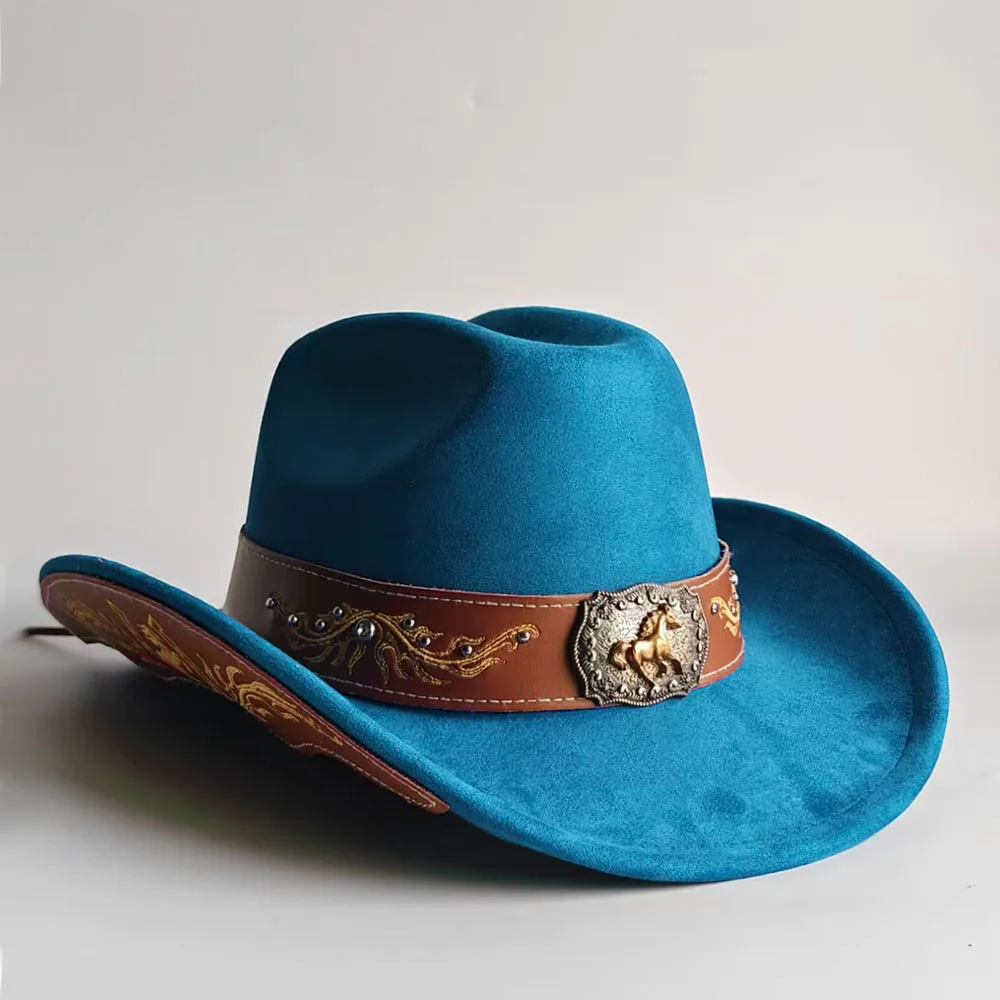 Vintage Teal Blue Western Cowboy Hat with Golden Horse Buckle Embroidered Leather Band Roll-up Brim Bound Edge Cowgirl Hat