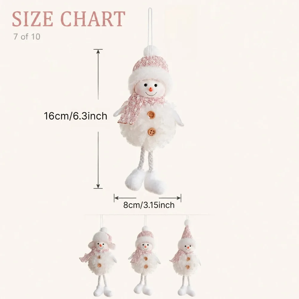 3pcs Cute Pink White Plush Snowman Pendants,Christmas Tree Decorations, Festive Party Atmosphere Pendants
