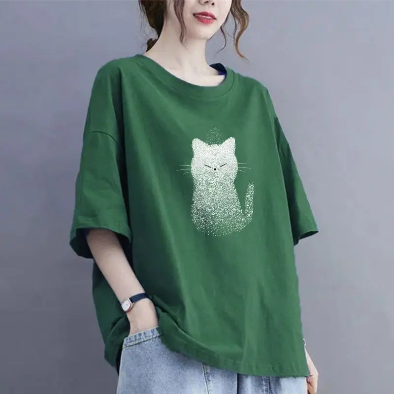 Oversized Cotton Half Sleeve T-Shirt Summer Casual All-match O-neck Loose Top Tee Ladies Simplicity Pullover Cartoon Tee Shirt