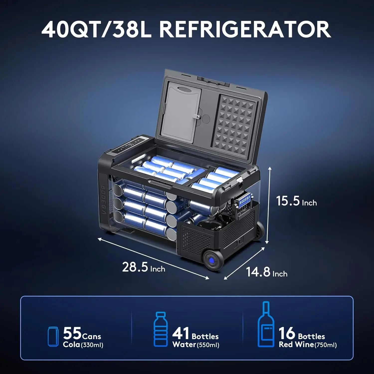 휴대용 자동차 냉장고, 듀얼 존, 와이파이 앱 제어, 12 볼트, 40 쿼트 (38L), 4 ℉-68 ℉, 전기 냉각기, 12 V, 24V DC