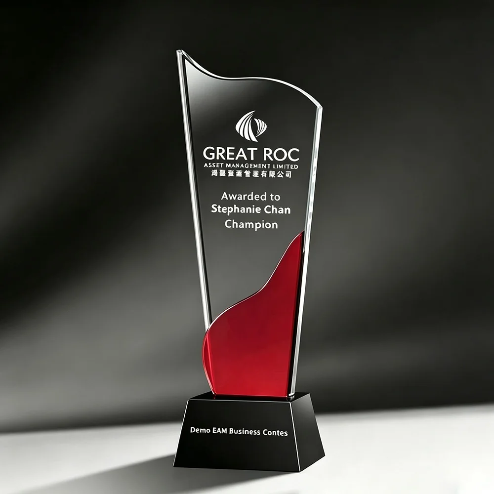Custom Crystal Trophy Award Red Splicing Glass Plaque Personalized Engraved Logo Text Business Competition Souvenir Gift