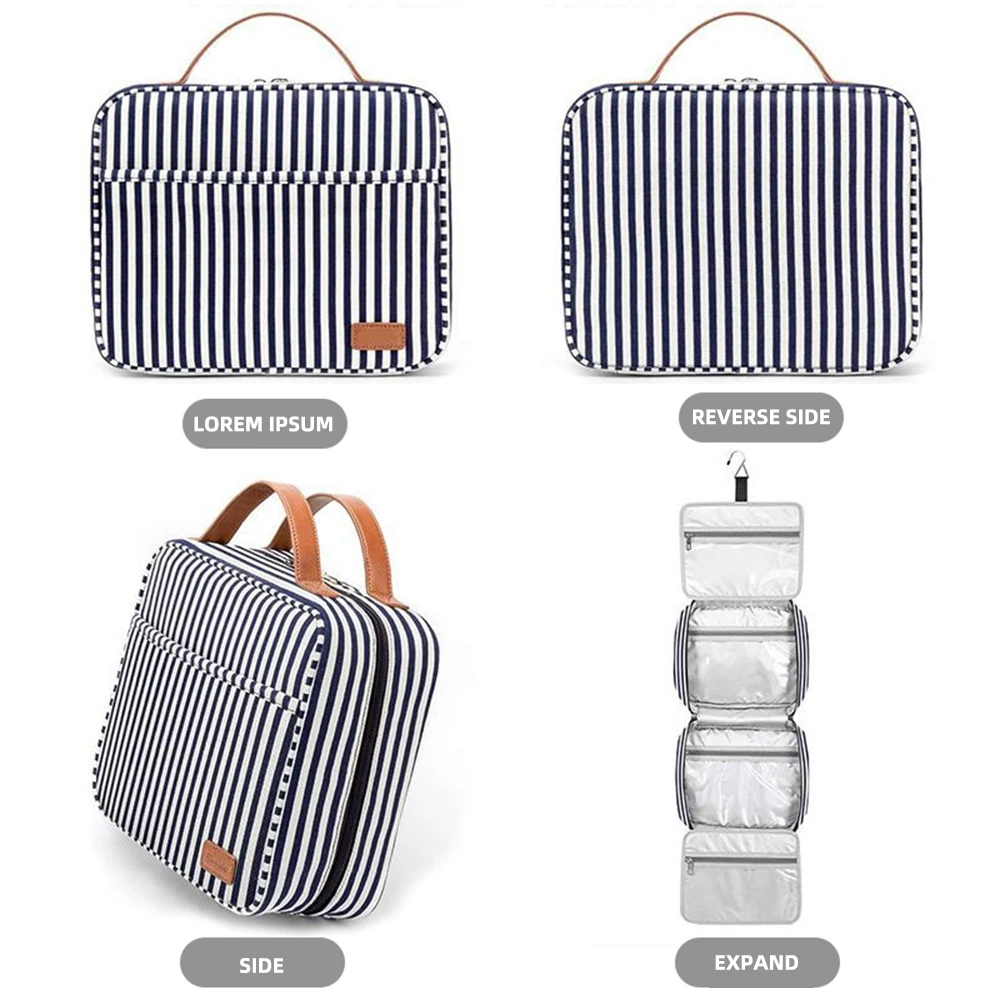 Striped canvas travel toiletry bag waterproof canvas toiletry bag dry and wet separation large capacity canvas travel toiletry b