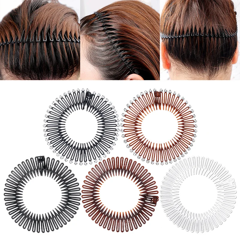 2pcs Classics Full Circular Stretch Hair Comb Headbands Women Girls Sports Flexible Plastic Circle Teeth Hairband with Diamond