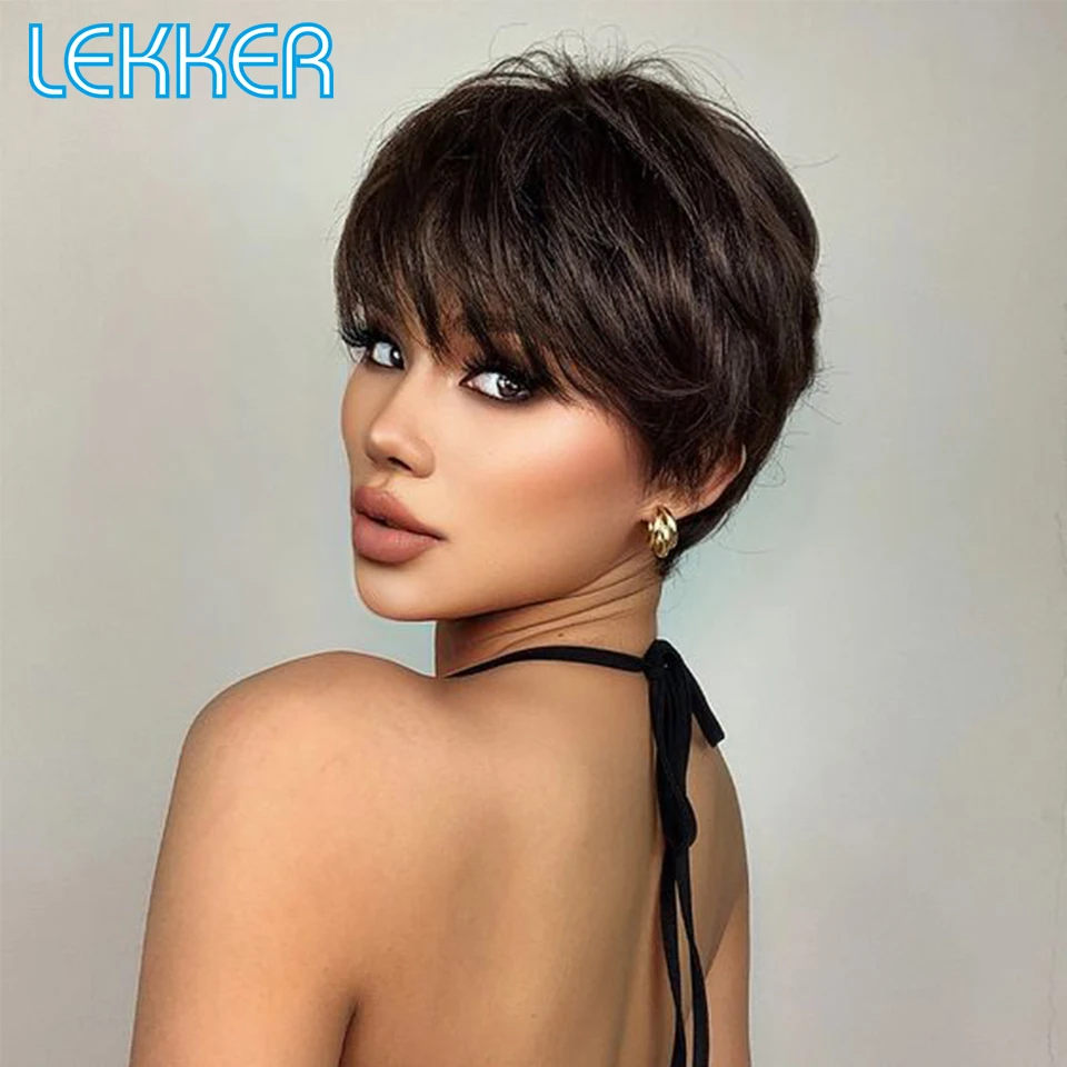 Lekker-Peluca de cabello humano 100% liso con flequillo para mujer, pelo Remy brasileño, corte Pixie corto, color marrón Natural