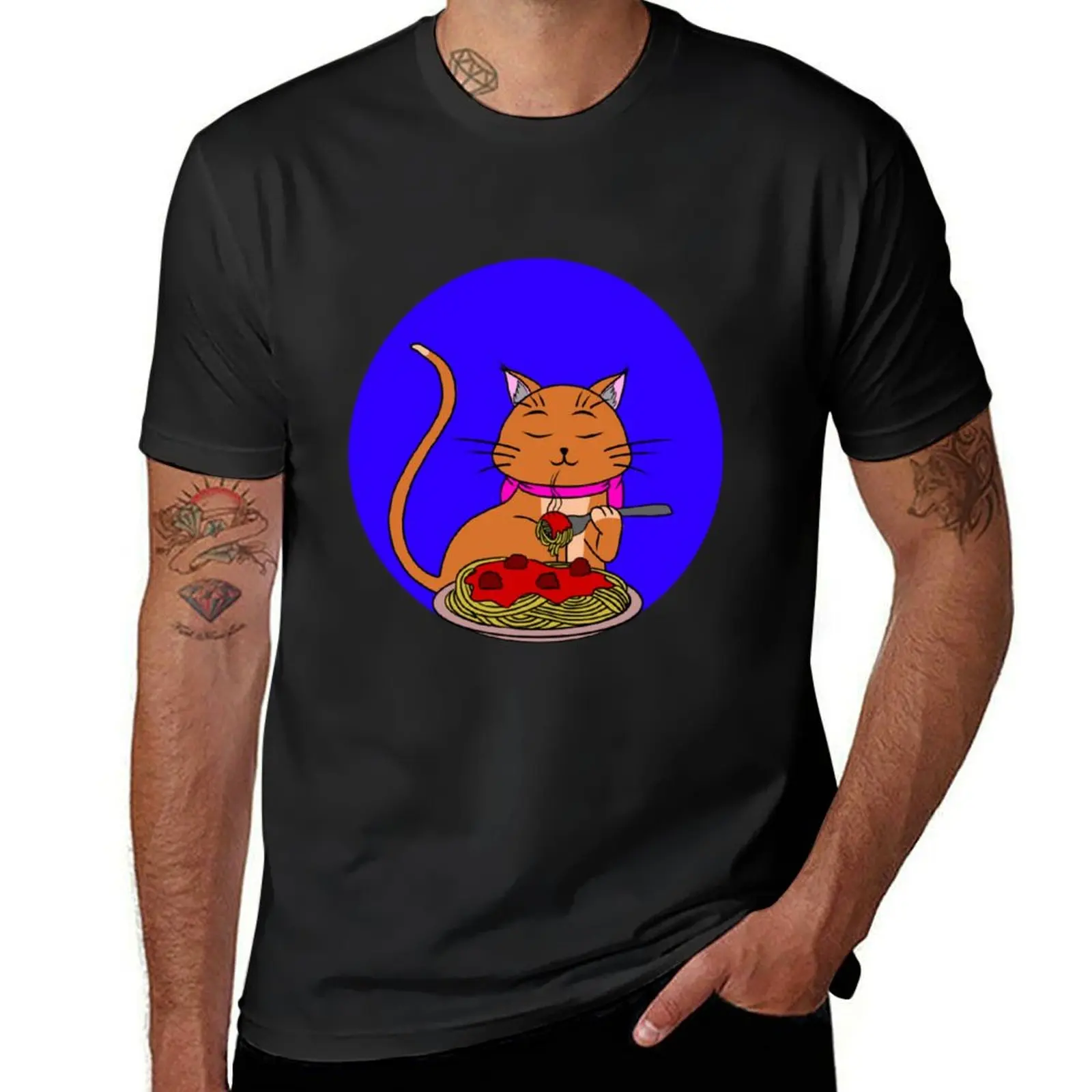 Cat Eating Spaghetti T-Shirt shirts graphic tees plain Blouse T-shirts for men cotton