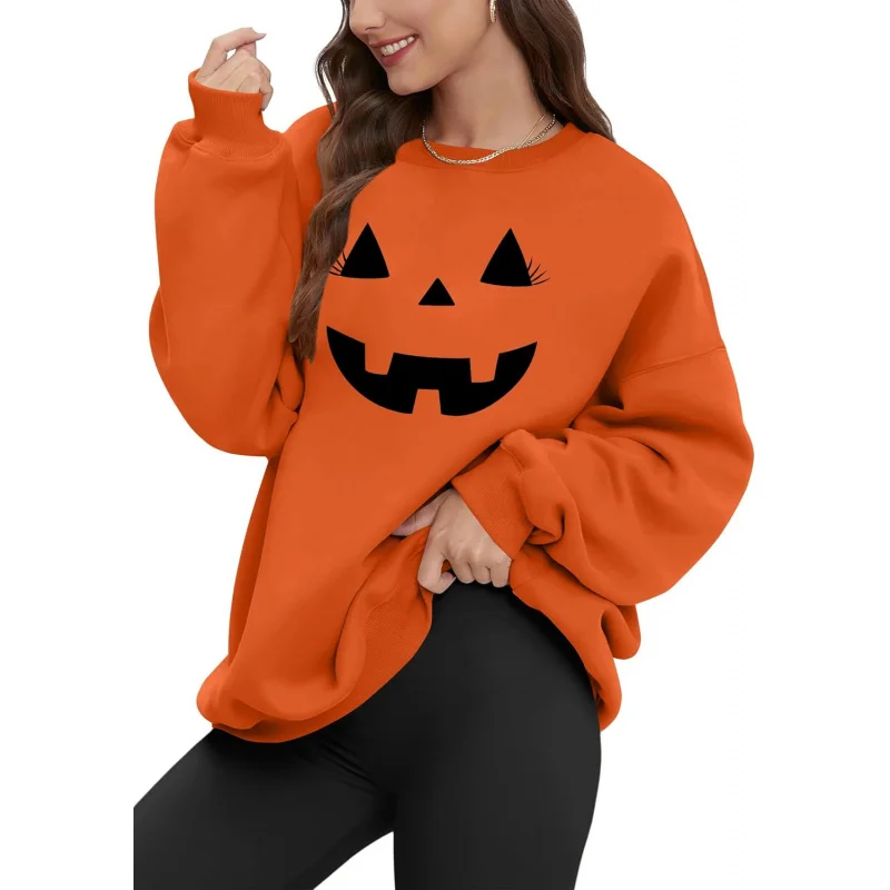 Women's oversized Halloween pullover, Halloween pumpkin long sleeved sports pattern print