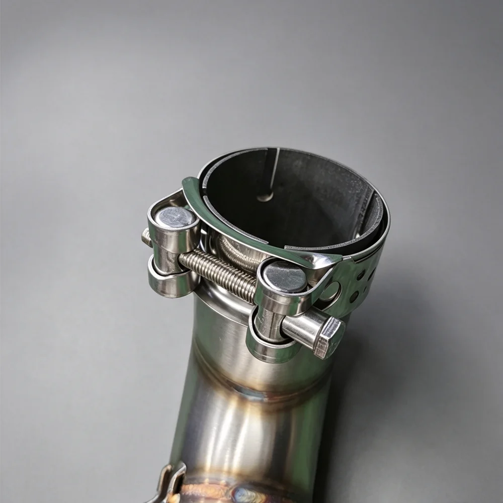 Motorcycle exhaust mid pipe for Kawasaki Z900, minimal weld design with open end.