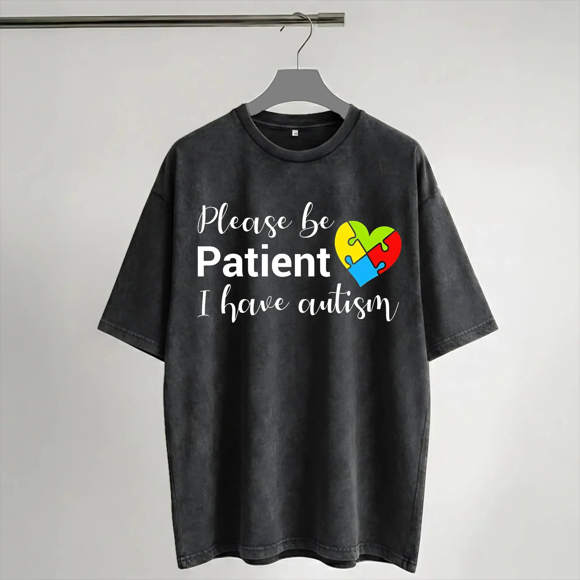 Please Be Patient I Have Autism Washed T Shirt Streetwear Hip Hop Fashion T-Shirts  Tees Tops Men Women Short Sleeve High Street