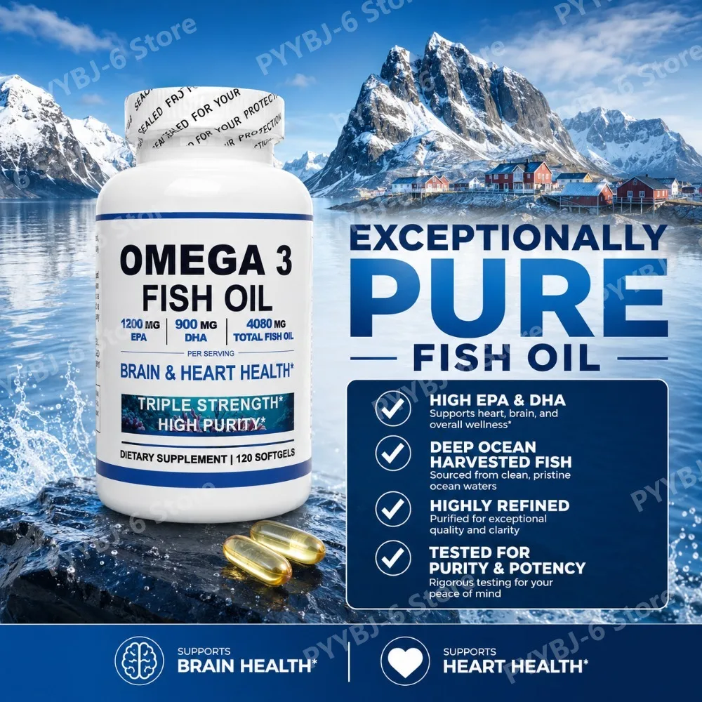 Omega 3 Fish Oil 120 Softgels Non-GMO Supplement with EPA DHA Supports Heart Brain Cardiovascular Health Immune System for Adult