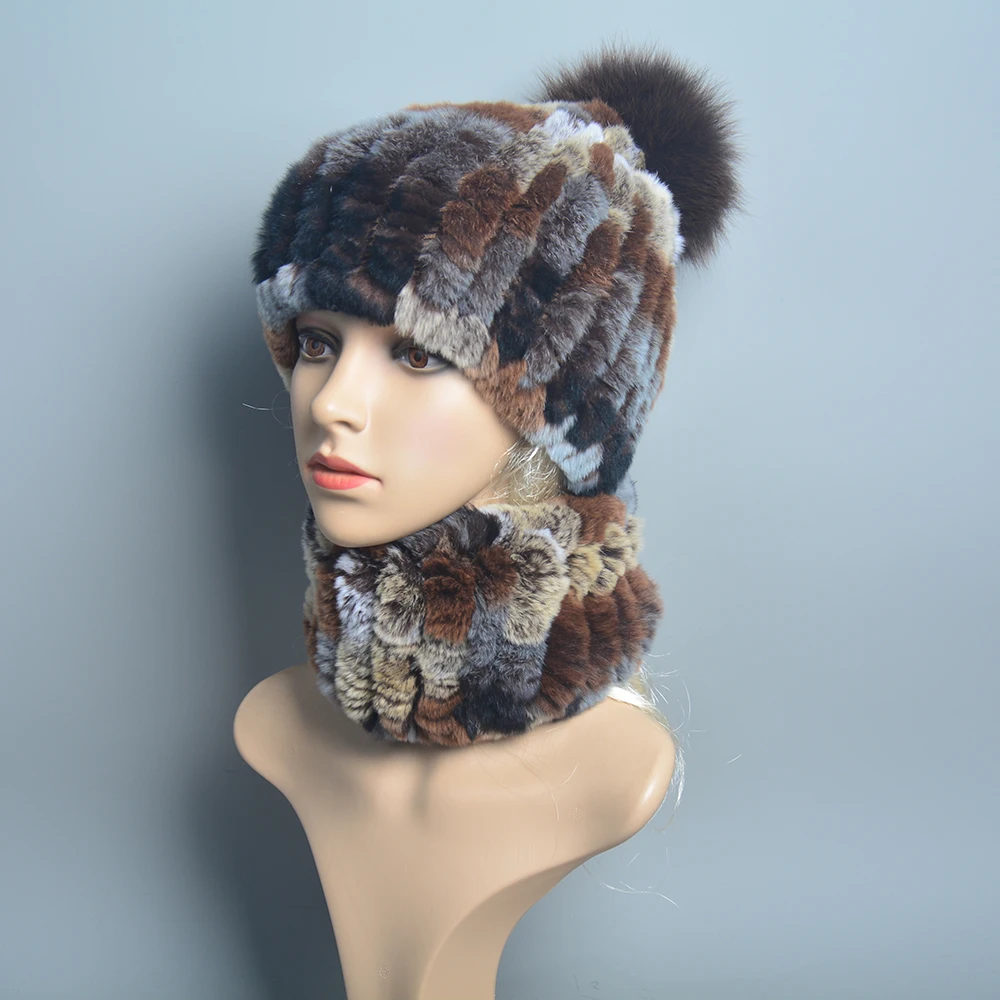 Women Knit Real Rex Rabbit Fur Hat Scarf Sets Natural Warm Rex Rabbit Fur Scarves Hat Winter Lady Real Rex Rabbit Fur Hat Scarf