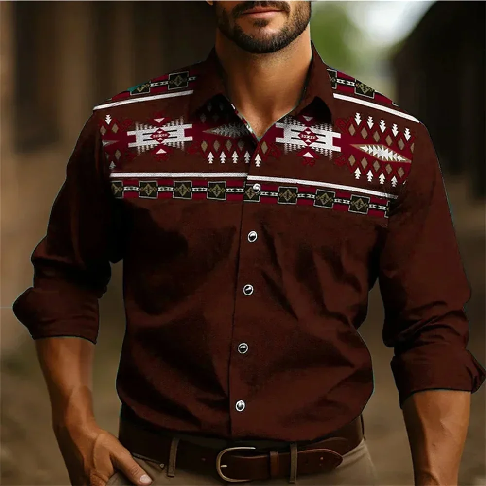 Hot selling men\'s retro Western style printed shirt for outdoor play, comfortable and soft fabric, creative cardigan shirt