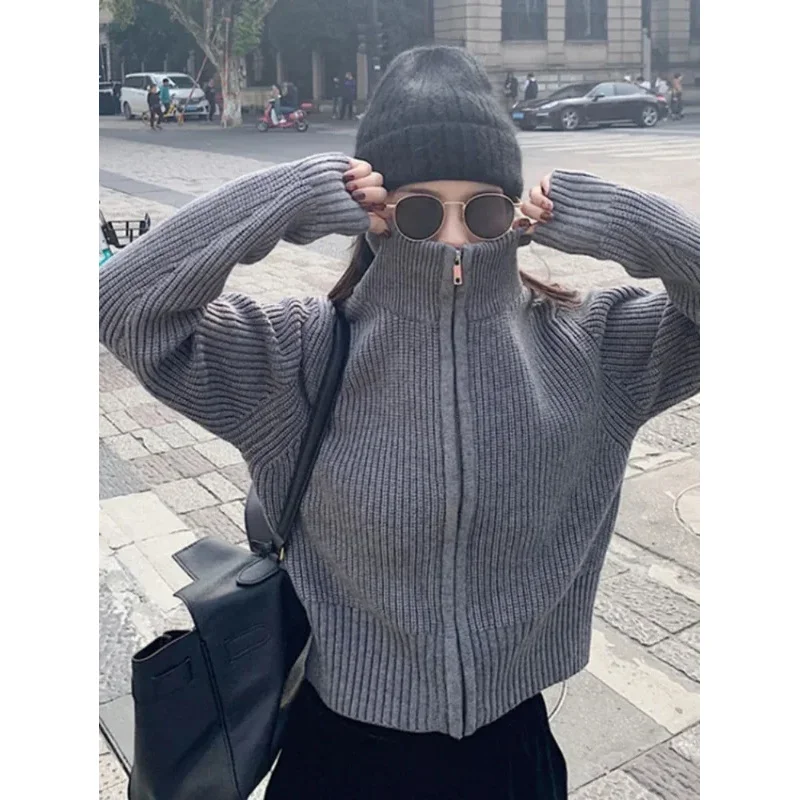 Y2k سترة هاراجوكو الجمالية Mujer كارديجان الياقة المدورة ملابس الشارع الشهير رمادي المحاصيل القمم سستة 2024 الخريف كل مباراة الصلبة سترة #5