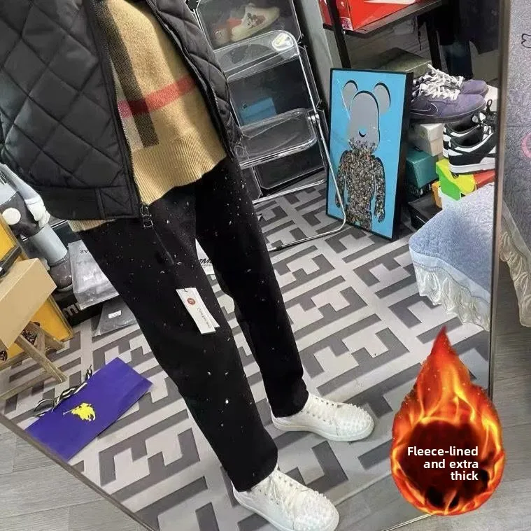 

Black Rhinestone Jeans Men's Casual High Waist Long Pants Youth Trendy Star Brand Versatile Trendy Brand Student Casual Nine-...