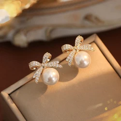French Elegant Micro Set Zircon Bowknot Pearl Pendant Earrings 2024 New Design Jewelry for Womens Girls Fashion Ear Accessories