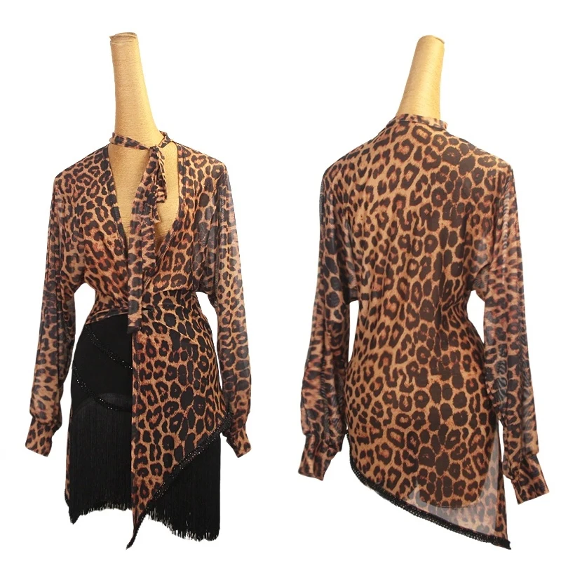 

2025 Latin Dance Modern Dance Leopard Print Mesh V-neck Top Practice Costume Chacha Rumba Tango Dance Tops Adult Wear DQL10816