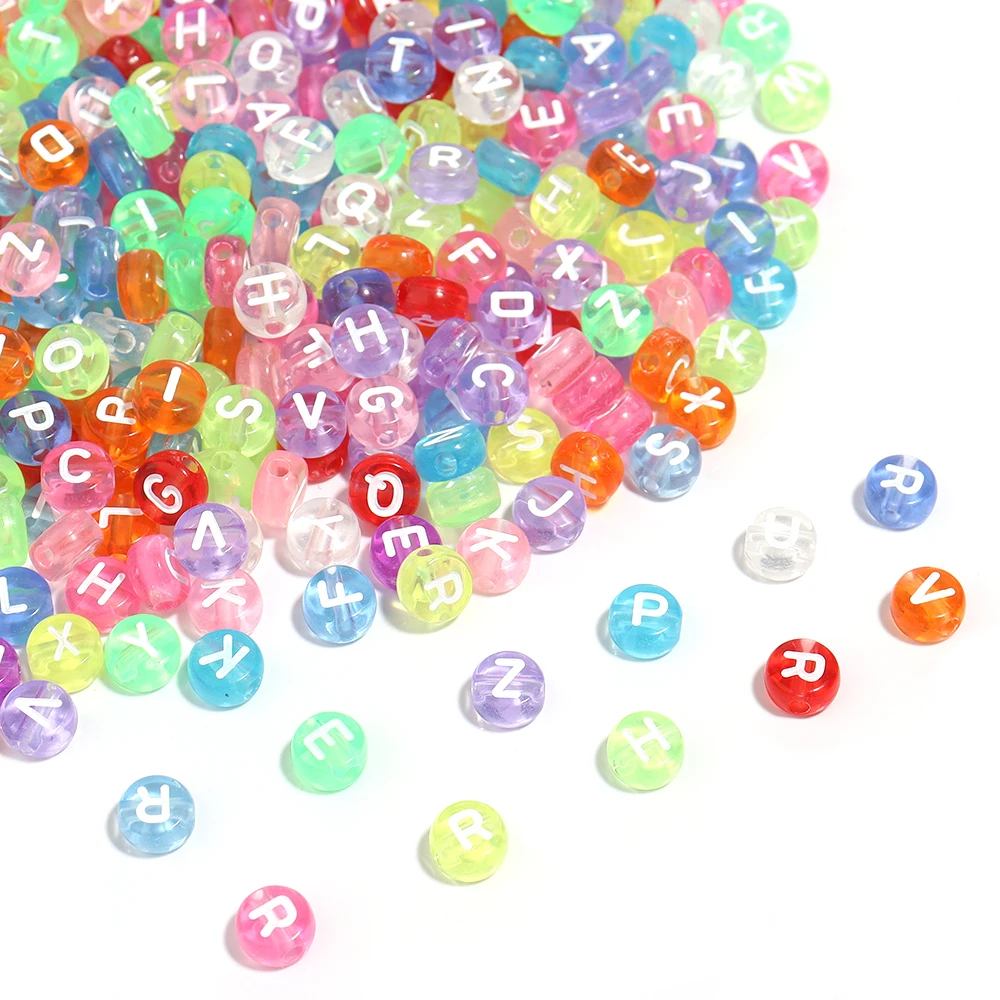 100pcs/lot 7mm Mixed Color Letter Acrylic Besds Clear Flat Round Alphabet Beads DIY Bracelet Necklace Handcraft Jewelry Supplies