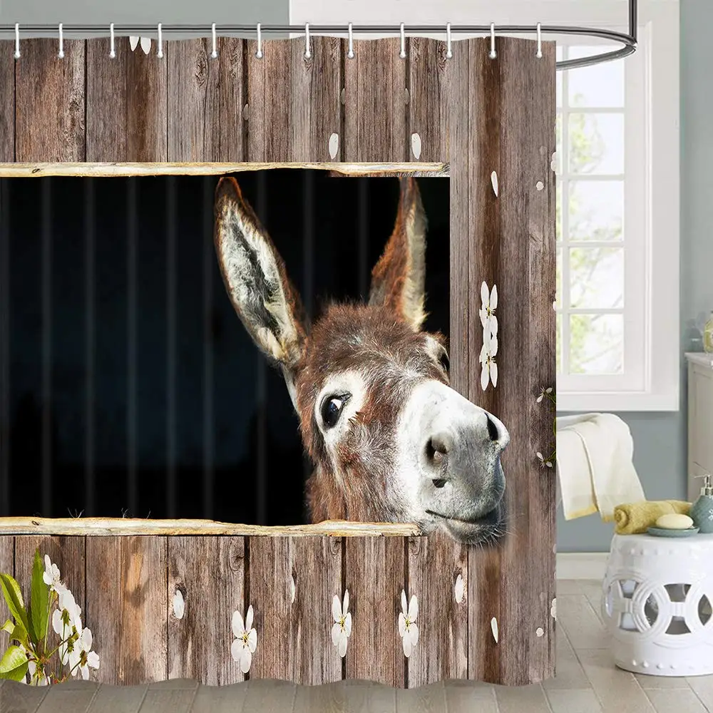 Donkey ผ้าม่าน Rustic Floral Farmhouse ผ้าม่านห้องน้ําสีดําและสีขาวน่ารักสัตว์โมเดิร์นกันน้ําชุดตะขอ