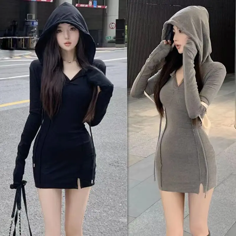 

Sexy Monochrome Hooded Dress for Women, Close-fitting, Long Sleeve, V Neck, Wrapped Mini Dress, Streetwear, Autumn and Winter