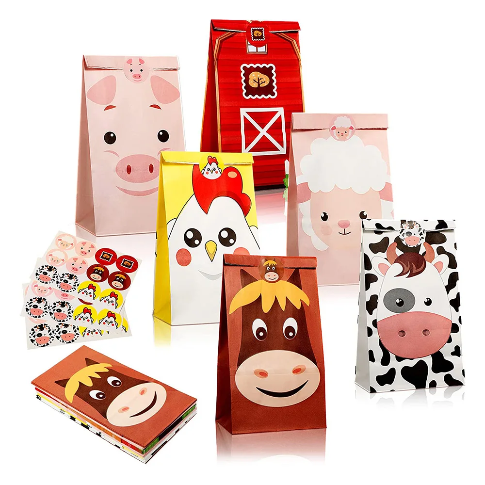 5pcs Farm Theme Candy Bags with Stickers Cow Pig Barn Goody Gift Treat Bags Baby Shower Farm Animals Party Supplies