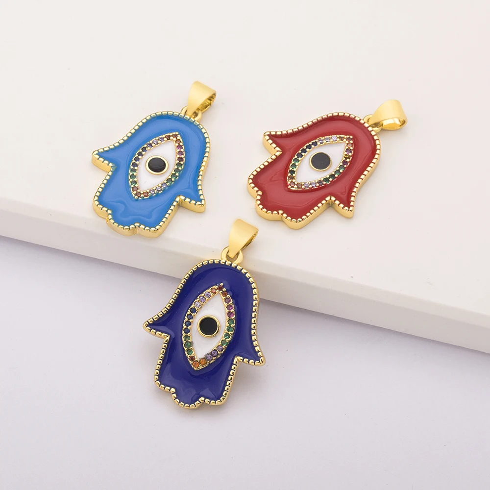 Hot Sale Women Men Hamsa Hand DIY Necklace Gold Color Copper Zircon Evil Eye Pendant Hip Hop Turkish Luck Jewelry Making