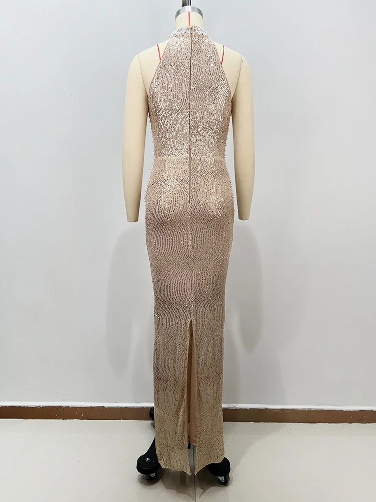 VC Vestido largo halter con cuentas beige sin mangas de lujo con detalle recortado Vestido de sirena para fiesta Galas