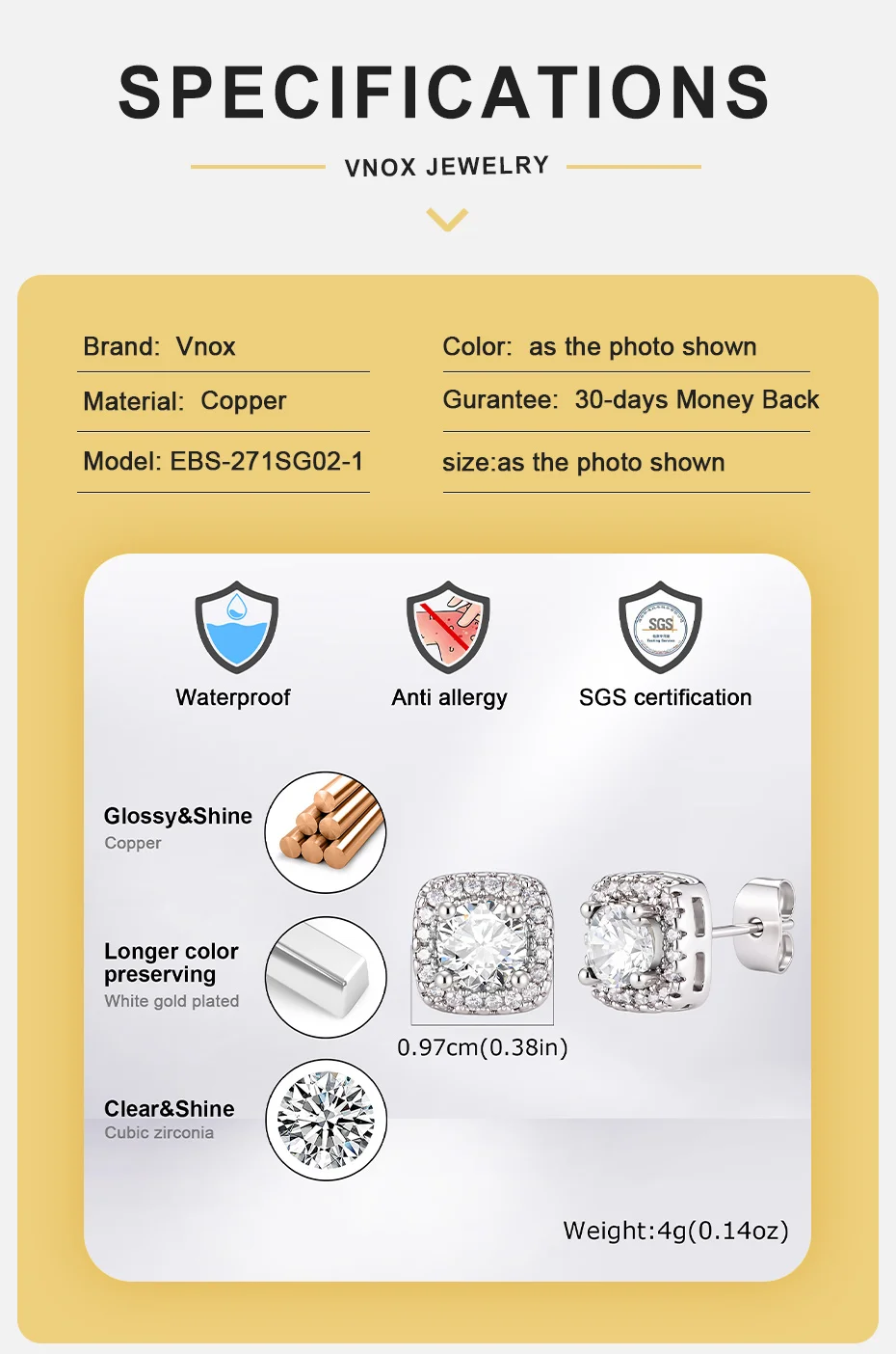 Vnox Quadratische Ohrstecker für Männer, Kupfergrün-Blaue Klare Zirkon-Ohrstecker, Klassischer Minimalistischer Hip-Hop-Schmuck als Geschenk für den Alltag – Detail 5