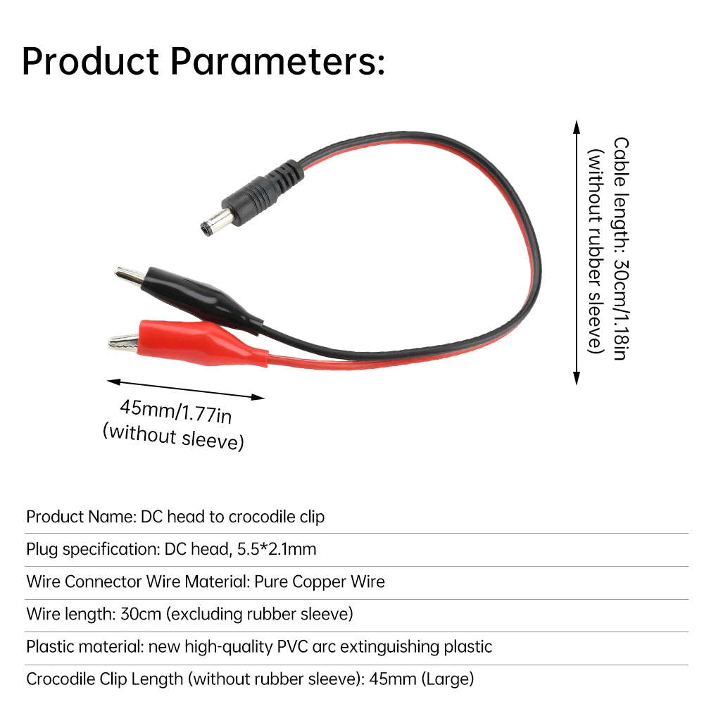 5.5X2.1MM DC Male/Female Jack Connector To 2 Alligator Clips Crocodile Wire 30cm Power Test lead Cable Adapter