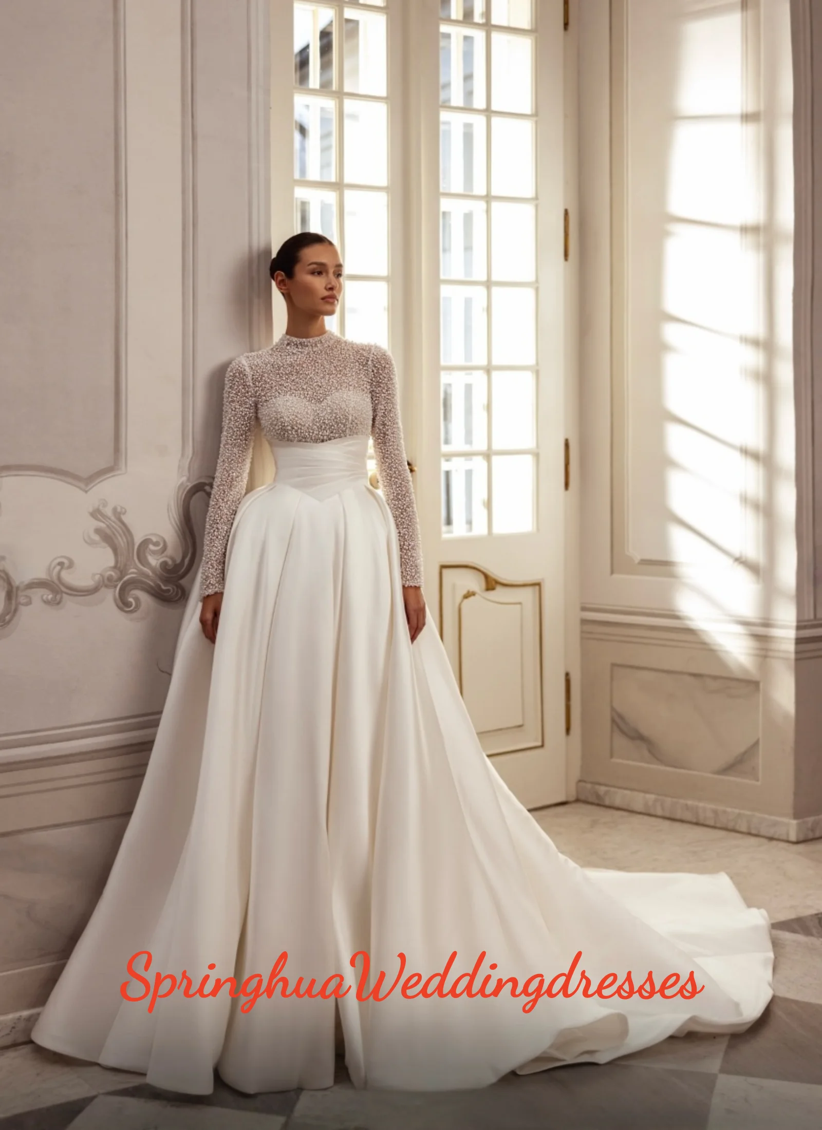 Customized Fascinating A Line Women's High Neck Wedding Dresses Long Sleeve Pearls Bride Gowns Robe De Mariée Vestido De Novia