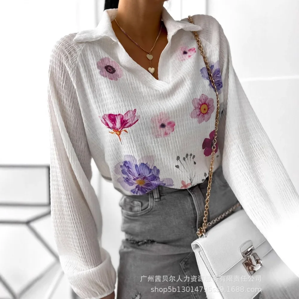 

Women Summer Floral Print Polo Collar Long Sleeve Blouse Casual Pullover Shirt Top