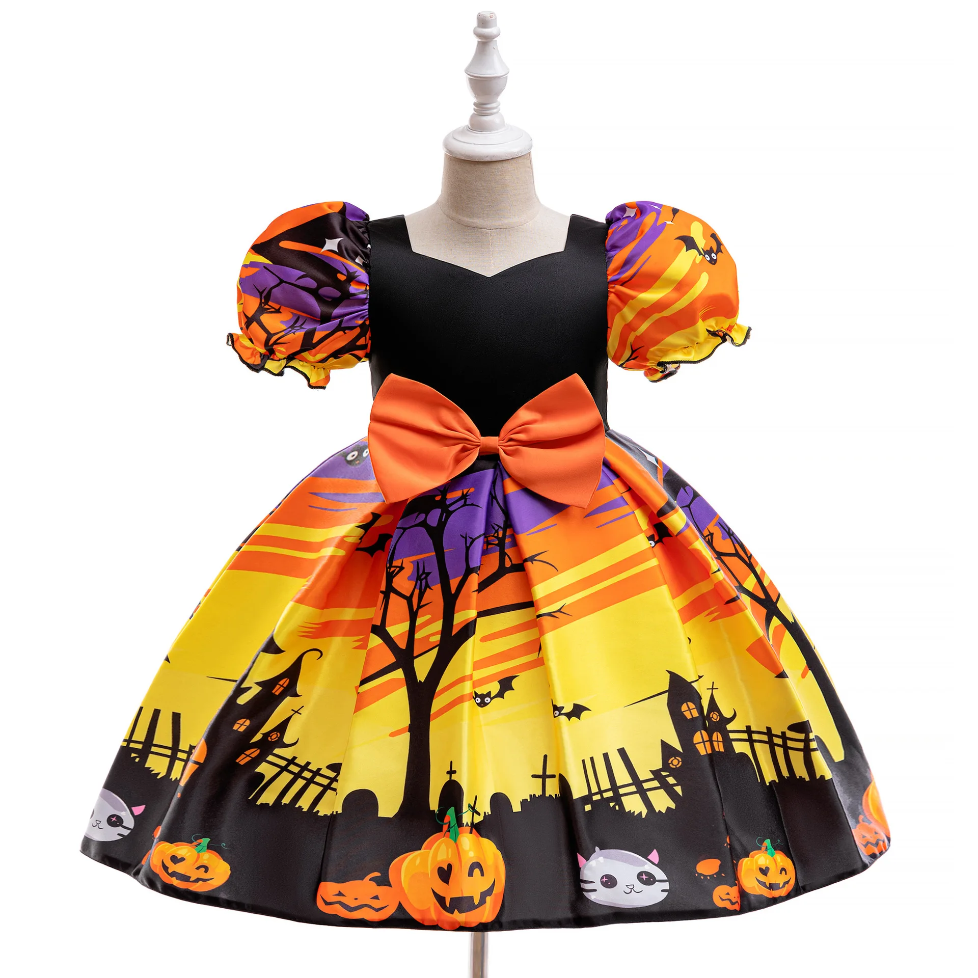 New Girls Halloween Dress Witchy Witch Pumpkin Spooky Skull Print Party Gift Little Princess Dress 4 5 6 7 8 Years Kids Clothes