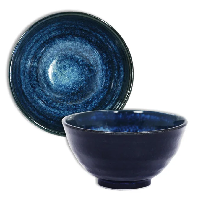 

4 75 inch D shaped porcelain rice soup bowl Japanese style blue swirl design microwave safe dishwasher safe ceramic tableware