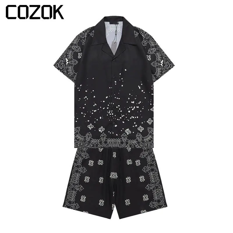 

Summer Men's Two Piece Set Shirt +Shorts Cashew Letter Print Fashion Brands Casual Unisex Short Sleeve Sports Suit 2023