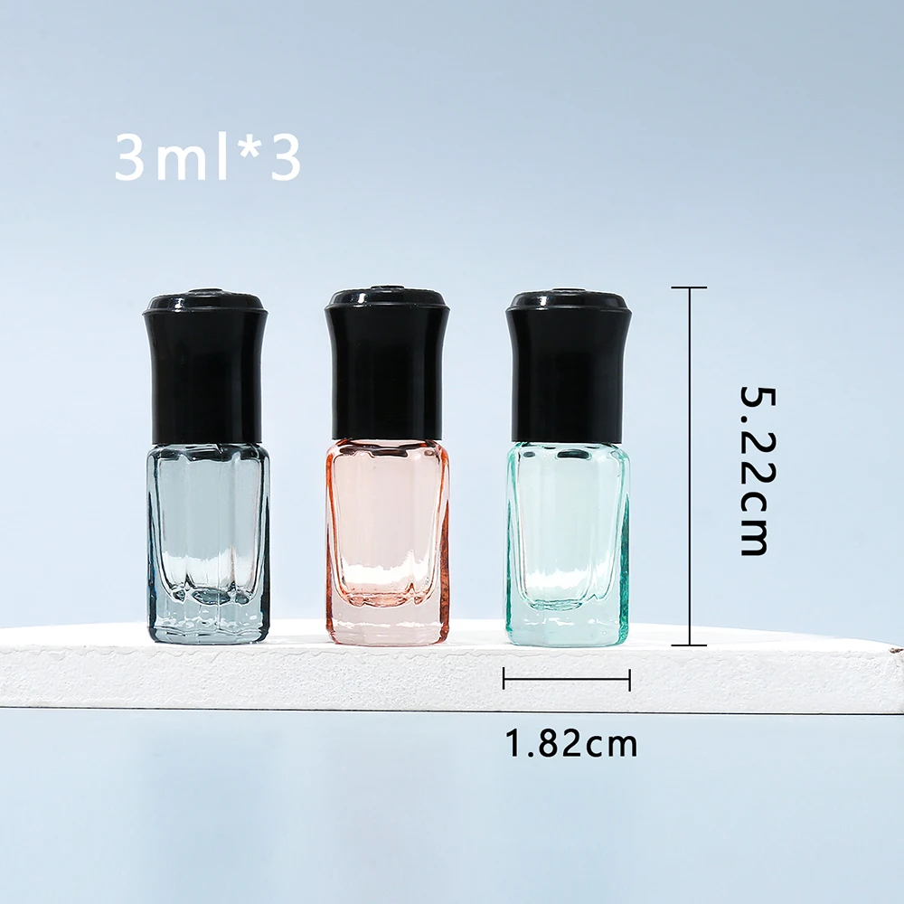 Mini botellas enrollables de vidrio portátiles con forma octogonal, 3 uds., 3ml, con bola de acero, perfectas para viajar y almacenar cosméticos
