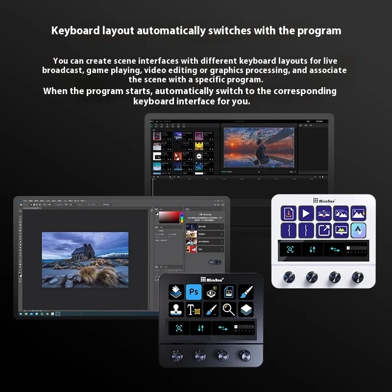 Mbox N4 스트림 데크 조정 가능한 스탠드 터치 스트립 10키 비주얼 매크로 키보드 쿼드 다이얼 인터페이스 듀얼 USB-C USB-A 허브 맞춤형