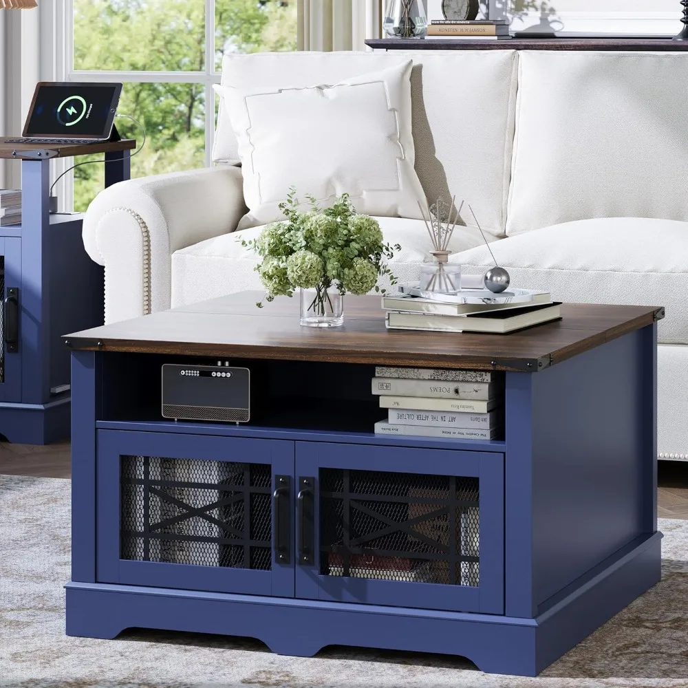 

Wood Table with Storage, Blue Table with Hidden Compartment, Rustic Center Coffee Table with Lift-up Top