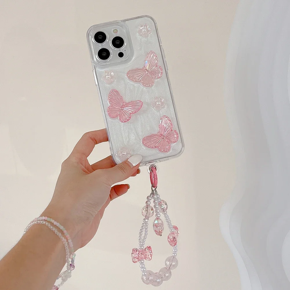 Qianliyao-funda de teléfono con pulsera de mariposa 3D para iPhone, carcasa trasera de TPU suave a prueba de golpes para iPhone 16, 15, 14, 13, 12,