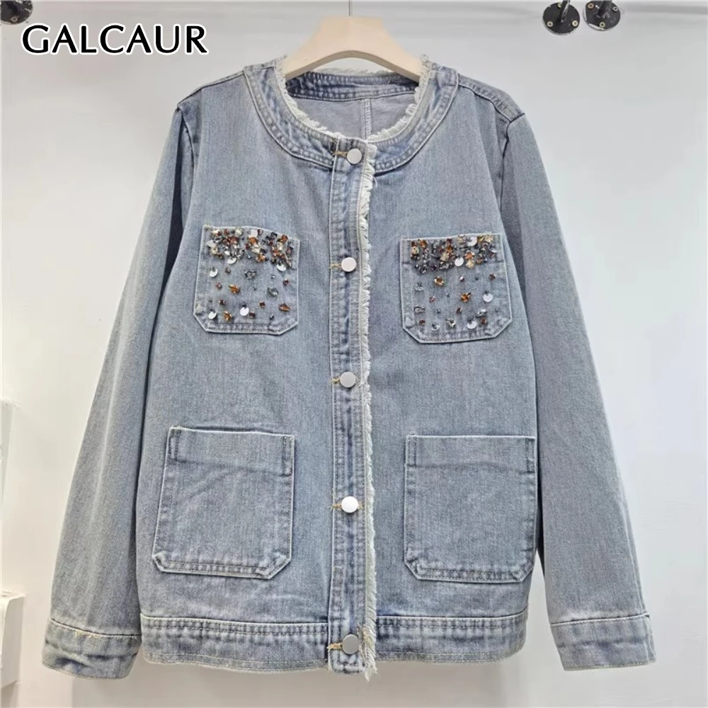 

GALCAUR Blue Spliced Single Breasted Jacket Female O Neck Long Sleeve Loose Casual Women's Jackets Fashion Summer New Clothing