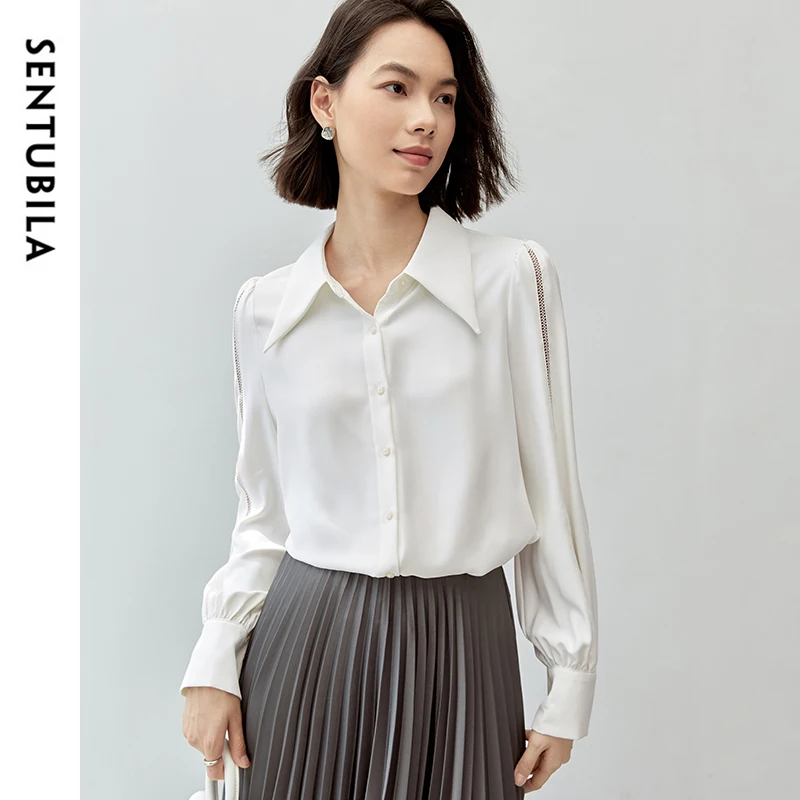 SENTUBILA Patchwork Hollow Out White Shirt for Women 2024 Autumn Straight POLO Neck Long Sleeve Office Lady Blouses 143C57366X