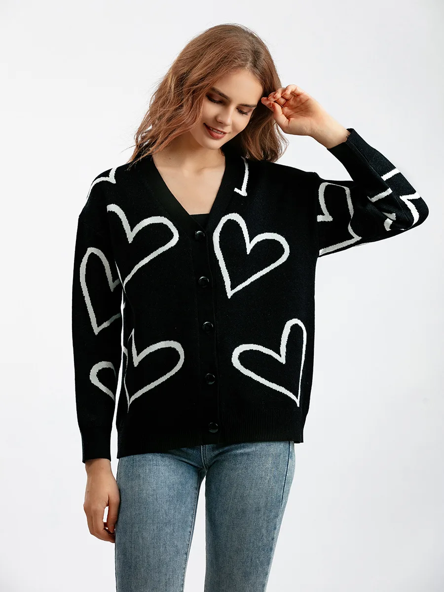 Women\'s Heart Pattern Knit Drop Shoulder Cardigan Korean V-Neck Long Sleeve Loose Sweater Oversized cardigans Female Autumn 2023