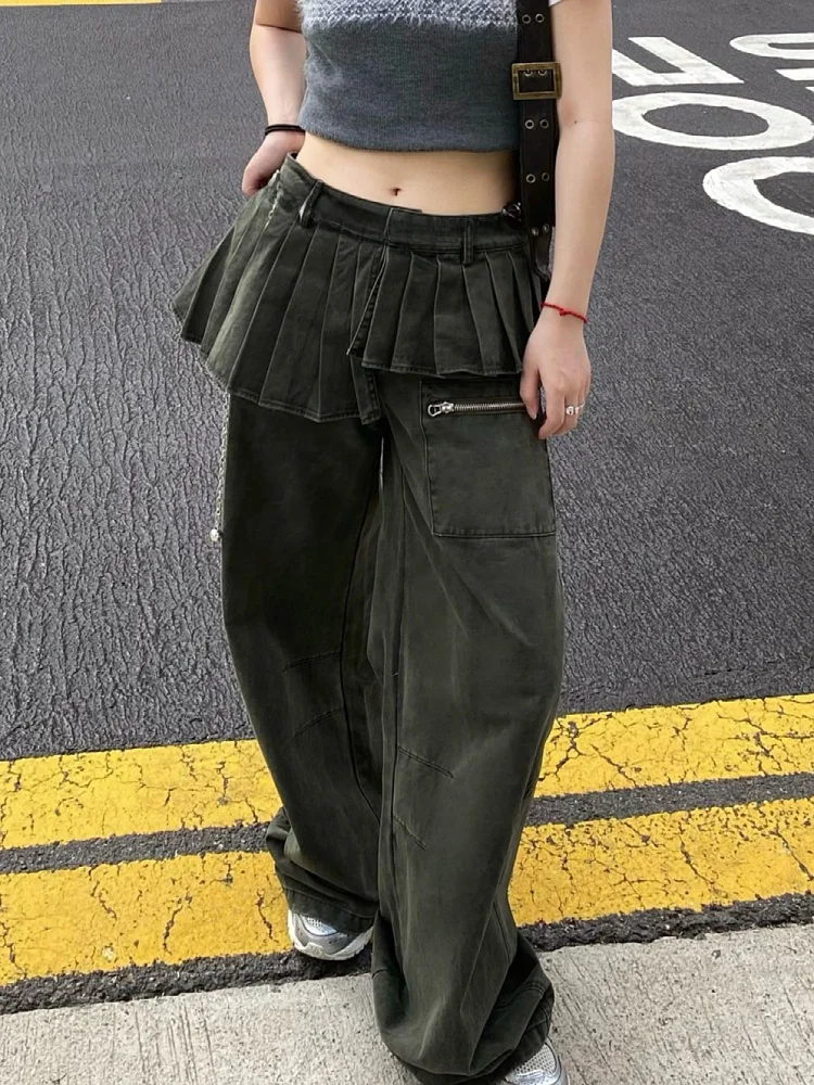 

Ретро-джинсовая юбка-брюки в американском стиле, большого размера, с эффектом рваных джинсов, с высокой талией, свободного кроя, повседневные, длинные, женские, имитация двух предметов, асимметричные, плиссированные