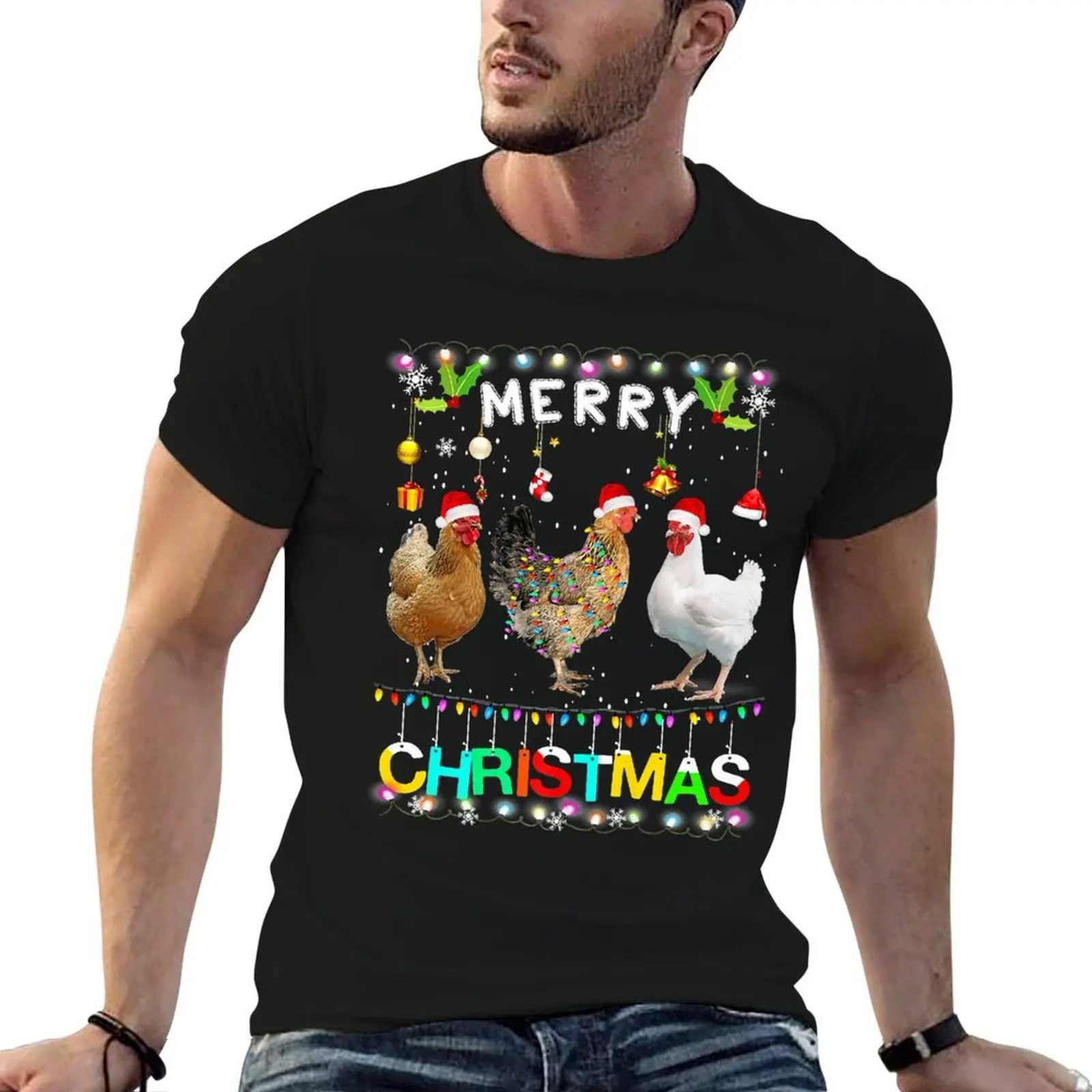 

Merry Christmas Chicken Santa Hat Lights Xmas Funny T-Shirt man t shirt designer t shirts for man slim fit T-Shirt