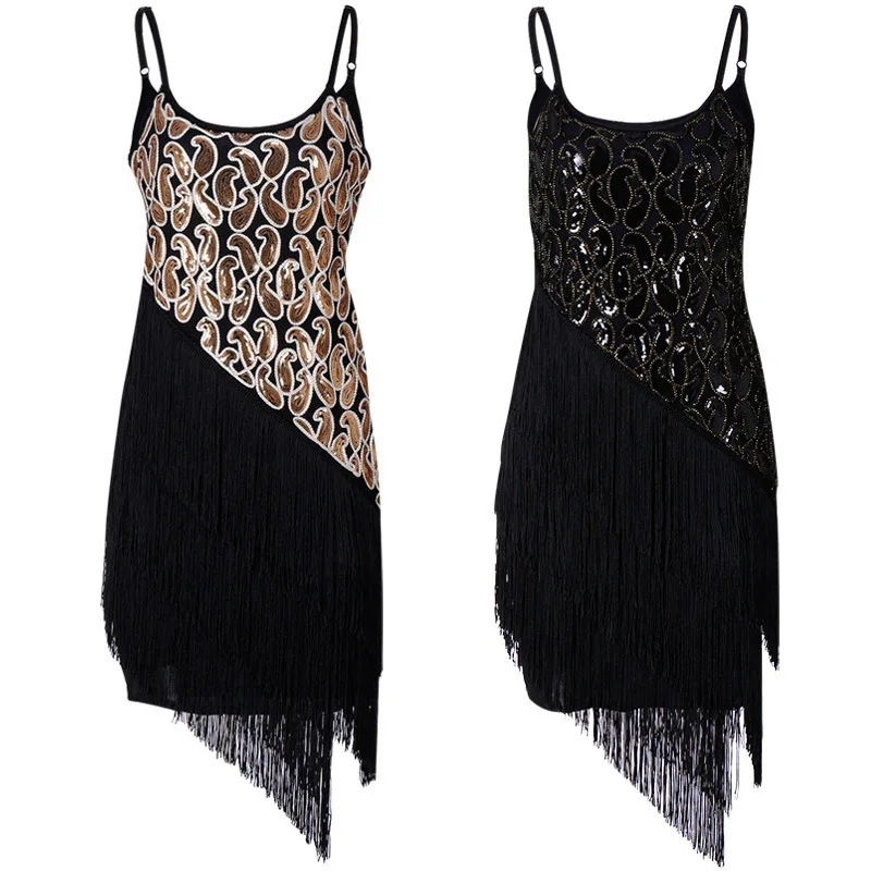 1920 Vintage Fringed Dress with Sequin Dance Halter Dress Short Latin Dance Skirt Party Costumes Women