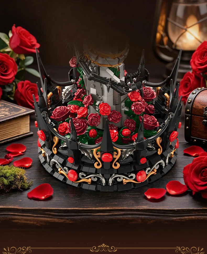 Idea Gothic Baustein Rote Rose Spielzeug Skelett Dunkle Blumenkrone Handgefertigter Baustein Schreibtischdekoration Sammlerstück für Geschenke – Detail 5