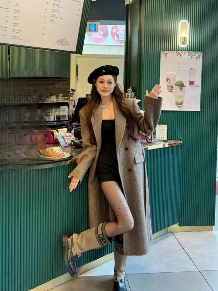 Office Lady Woolen Jackets 2024 Autumn And Winter Double-Breasted Herringbone Lace Up Loose Long Women's 100% Wool Coats