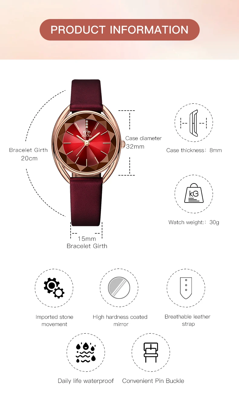 Fate Love 902 Red strap Watch for Women Luxury Rhombus Design Mirror face Waterproof Fashion Casual Women\'s Watches Original